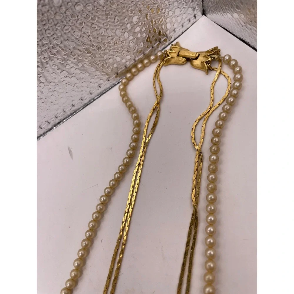 Vintage Crown Trifari© Gold Tone & Faux Pearl‎ Triple Strand Necklace 27